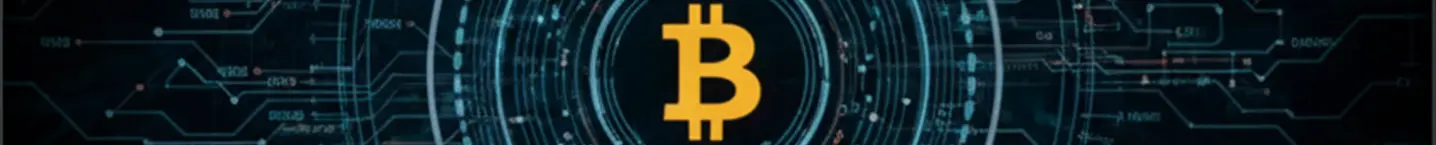 Technical cryptocurrency banner with Bitcoin symbol and data streams | fakto.top